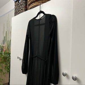 Black Sheer Deep Plunge Maxi Dress Kimono Belted Sexy Robe Beach Coverup Size XS